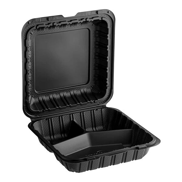 9 x 9 3CP BLACK Mineral Filled PP Hinged Container [150/Case]