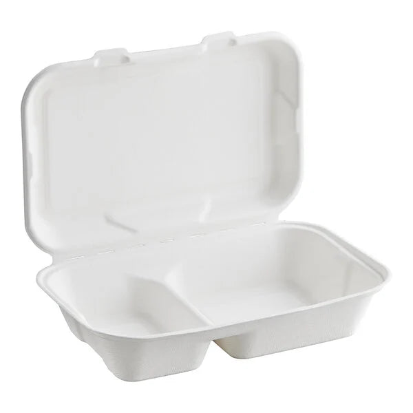 9” X 6” 2 Compartment Biodegradable Clamshells, White [200 Pack]