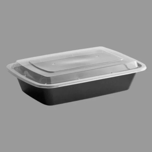 38 oz Rectangular Microwavable Black Containers with Clear Lids [150/Case]