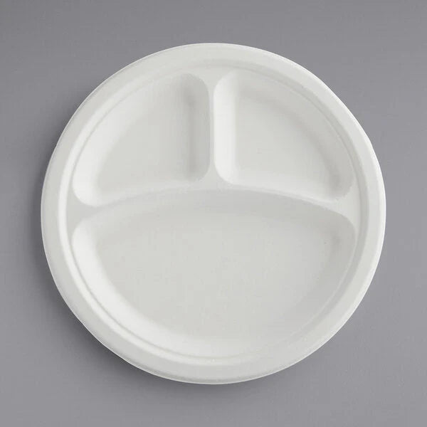 9" - 3 Compartment Biodegradable Round Plate, White [500 Pack]