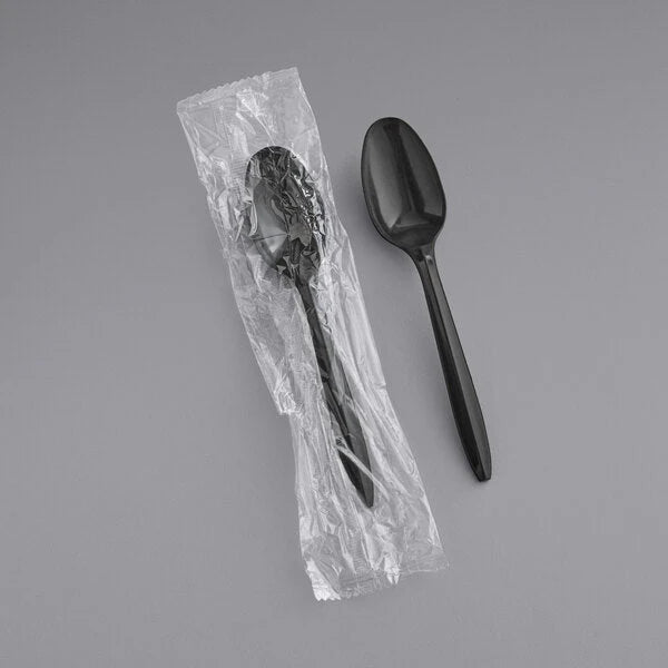 Medium Weight Wrapped Plastic Teaspoon, Black [1000 Pack]