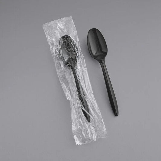 Medium Weight Wrapped Plastic Teaspoon, Black [1000 Pack]